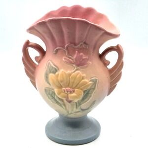 Hull Art Pottery Magnolia Vase Double Handles Pink Yellow Blue  7" Tall VINTAGE